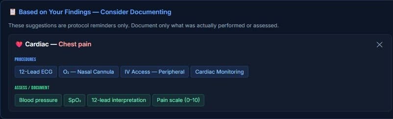 Actual in-progress Care panel after selecting a fictional chest-pain finding: procedure reminders, assessment prompts and a dismiss control. Captured using the ALS-certified demo profile; no suggested care was recorded.