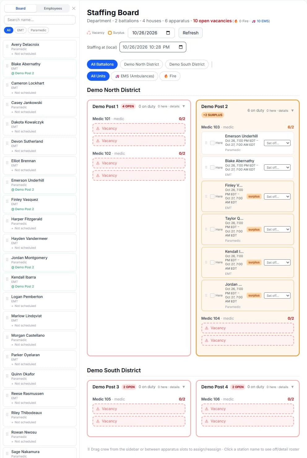 Actual staffing board, focused on the roster and house cards. Scroll for all four houses or open the complete application capture.