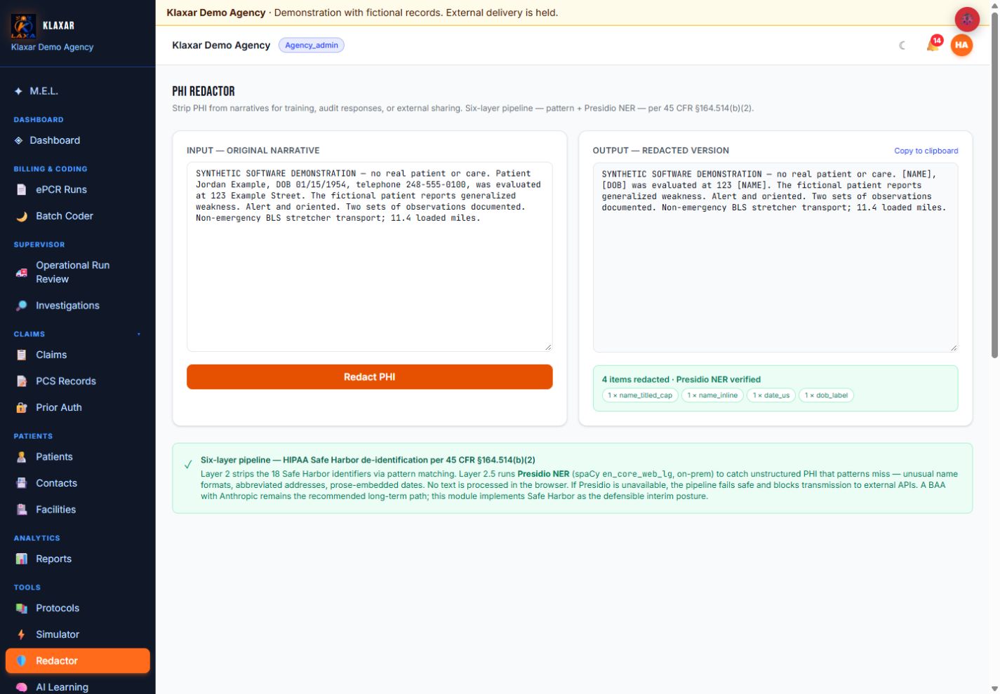Actual server-side PHI redaction workflow processing explicitly fictional demonstration text.